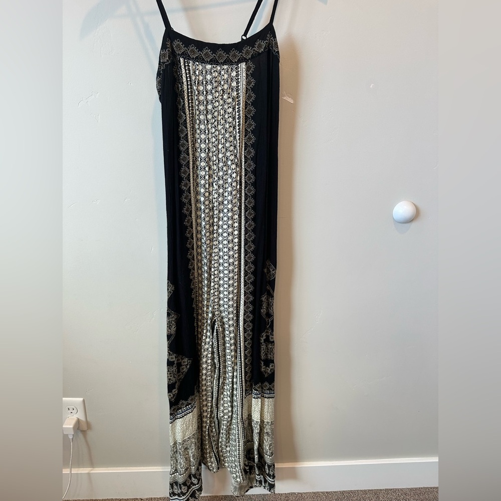 Free People Flowy Black and Cream Geometric Jumpsuit XS